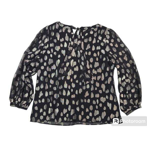 Talbots | Black & Silver, Clip Dot, Tie Back Blouse | Size Petite XL - Picture 7 of 9